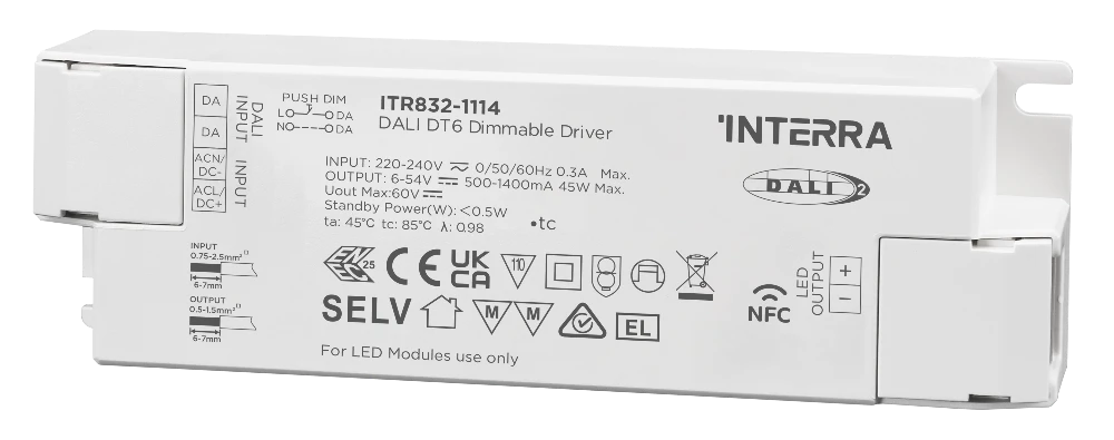 Interra 45W NFC programmierbarer DALI 2 DT6 Konstantstrom LED Treiber 500 bis 1400 mA