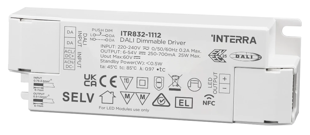 Interra 25W NFC programmierbarer DALI 2 DT6 Konstantstrom LED Treiber 250 bis 700 mA
