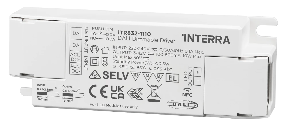 Interra 10W NFC programmierbarer DALI 2 DT6 Konstantstrom LED Treiber 100 bis 500 mA