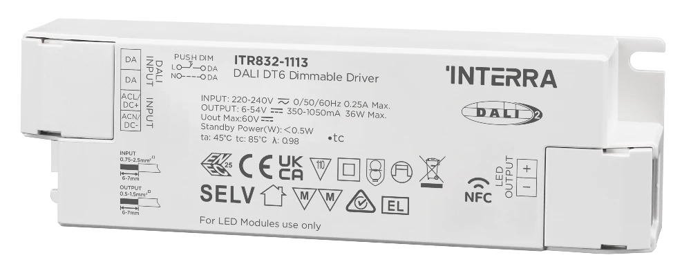Interra 36W NFC programmierbarer DALI 2 DT6 Konstantstrom LED Treiber 350 bis 1050 mA