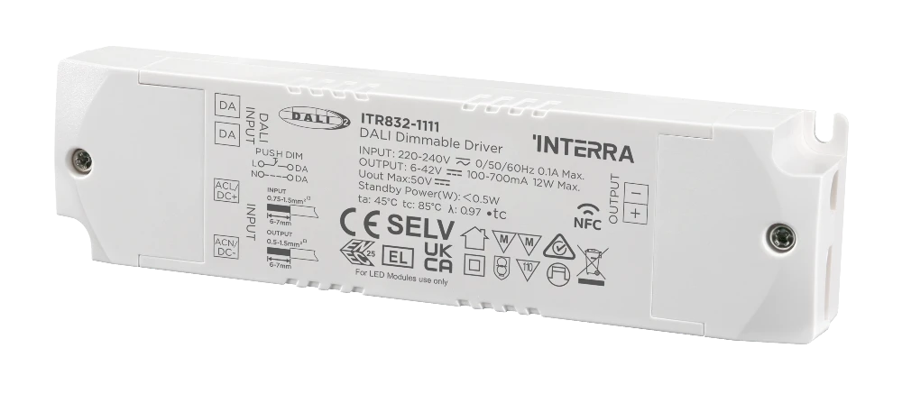 Interra 12W NFC programmierbarer DALI 2 DT6 Konstantstrom LED Treiber 100 bis 700 mA